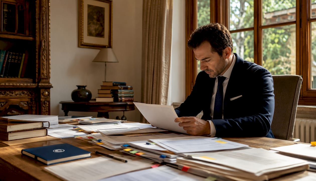 Una persona esamina attentamente dei documenti relativi a licenze all’interno di un ufficio elegante e raffinato.