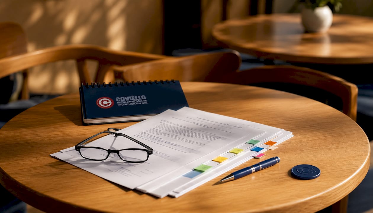 Dettaglio delle clausole contrattuali affiancato da strumenti da ufficio