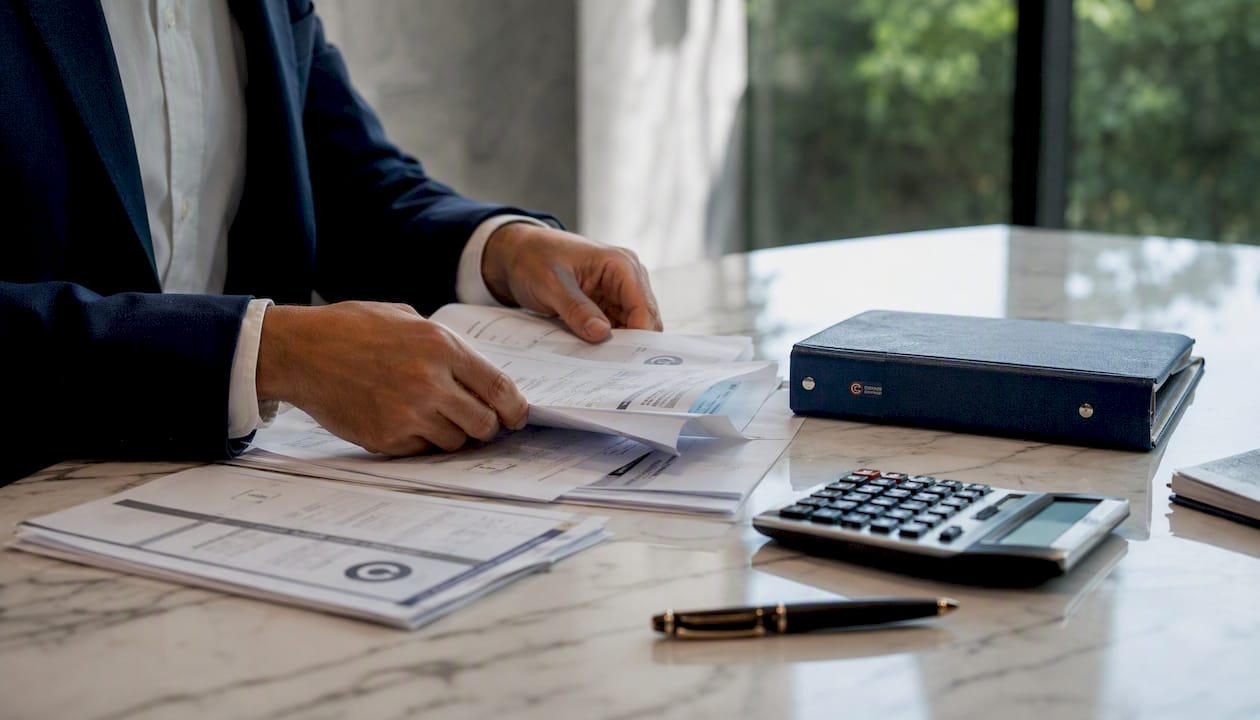 Mani che controllano la documentazione fiscale relativa ai marchi