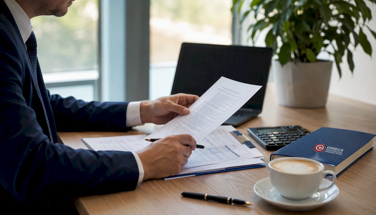 Dettaglio di mani che controllano documenti relativi alle tasse sulla licenza