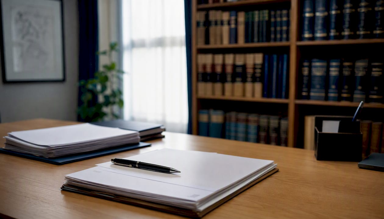 Documenti di valutazione legale sparsi sulla scrivania dell’ufficio
