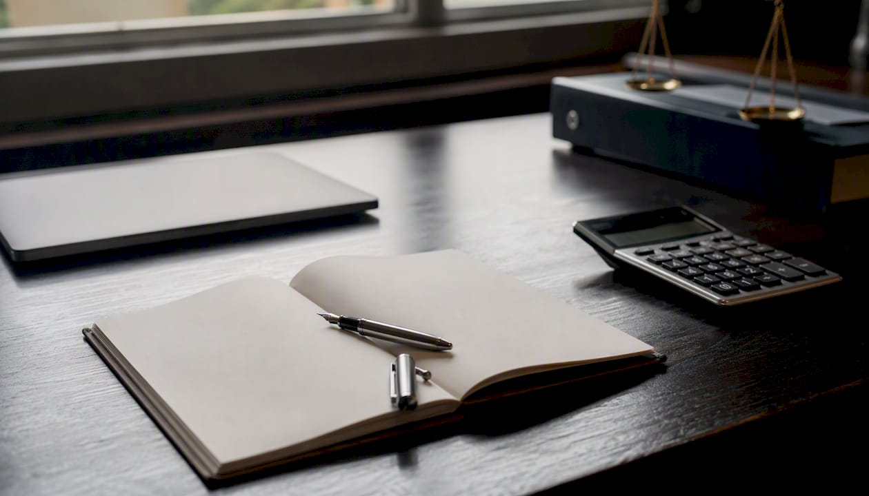 Scrivania con calcolatrice e registro contabile aperto
