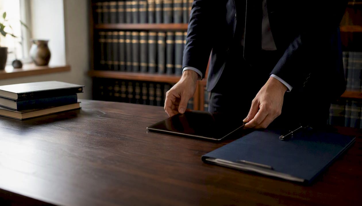 Sul tavolo sono sparsi alcuni documenti legali e un tablet, pronti per essere consultati.