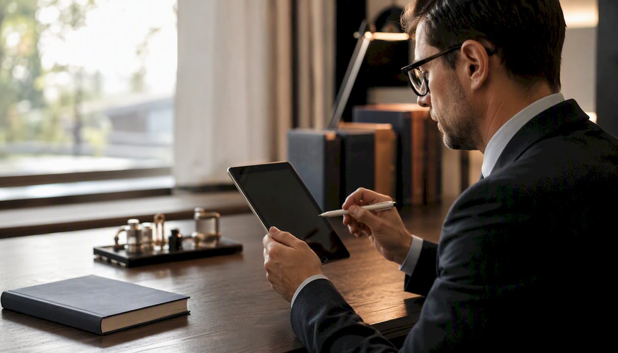 Mani che utilizzano un tablet per gestire la contabilità e le attività di ricerca e sviluppo