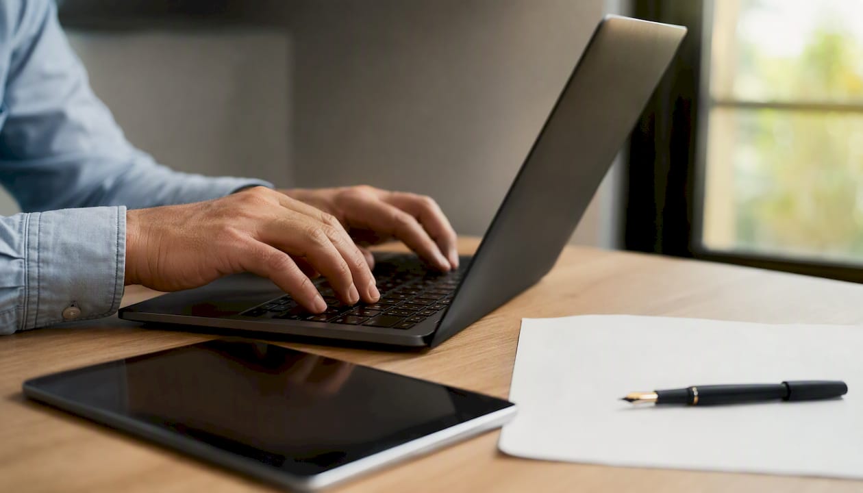 Mani che inviano online la richiesta di rinnovo di un marchio