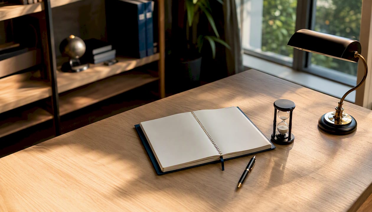 Agenda legale sulla scrivania, accompagnata da una penna e da un orologio.