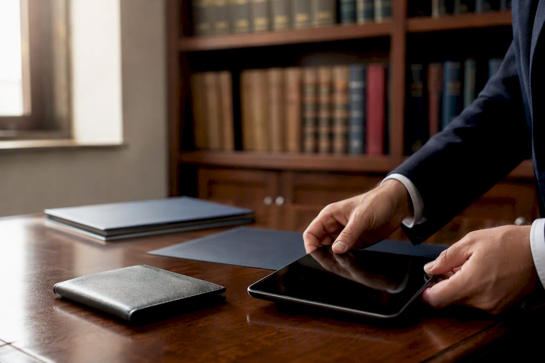 Scrivania di uno studio legale con computer portatile e dispositivi digitali