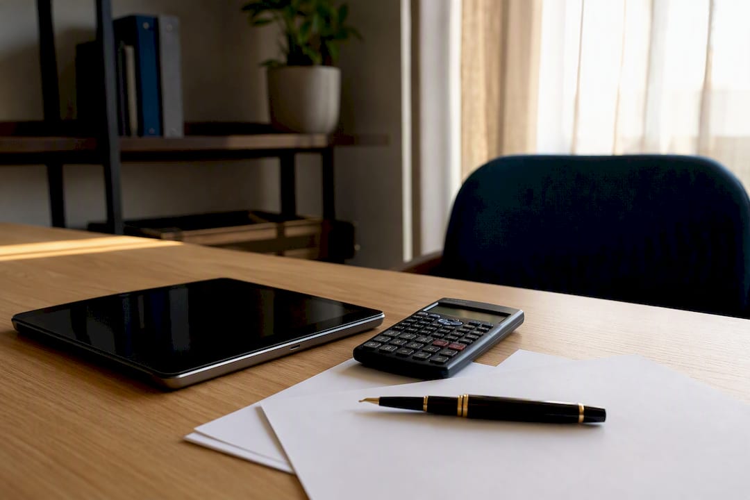 Scrivania con tablet e calcolatrice per la valutazione di un brevetto