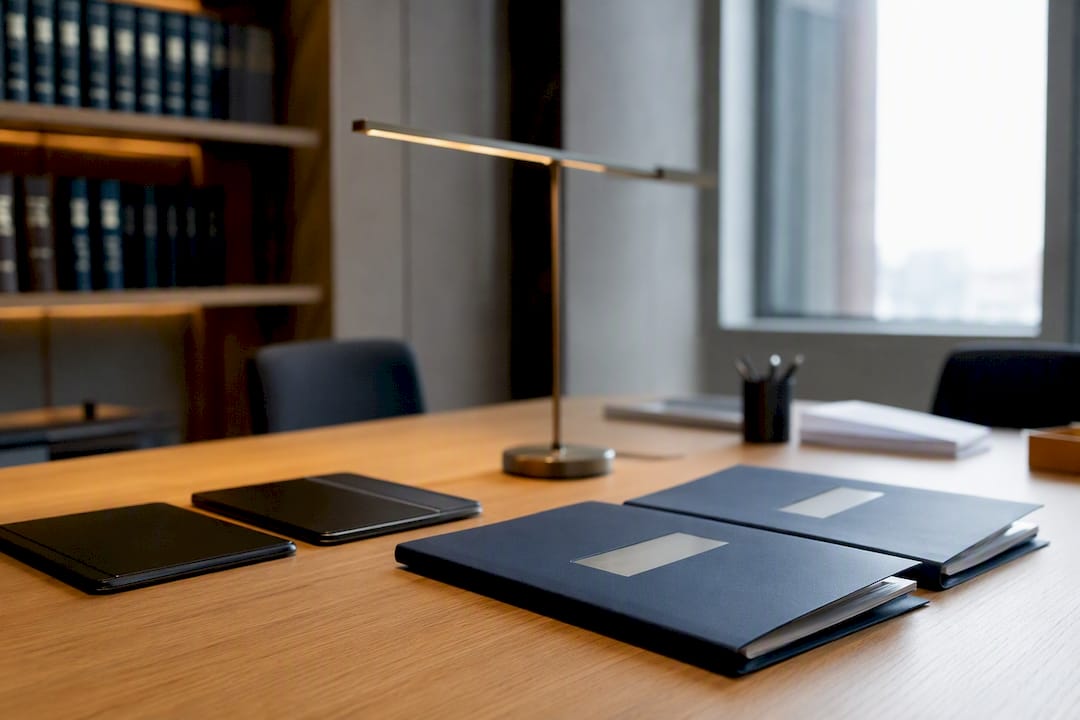 Scrivania d'ufficio con tablet digitali e fascicoli legali