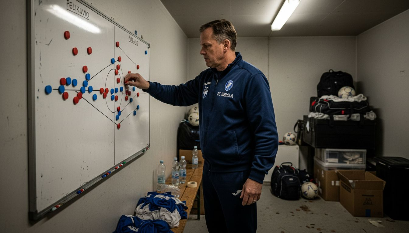 Valmentaja miettii pelitaktiikkaa ja tekee muutoksia piirtoalustalla.