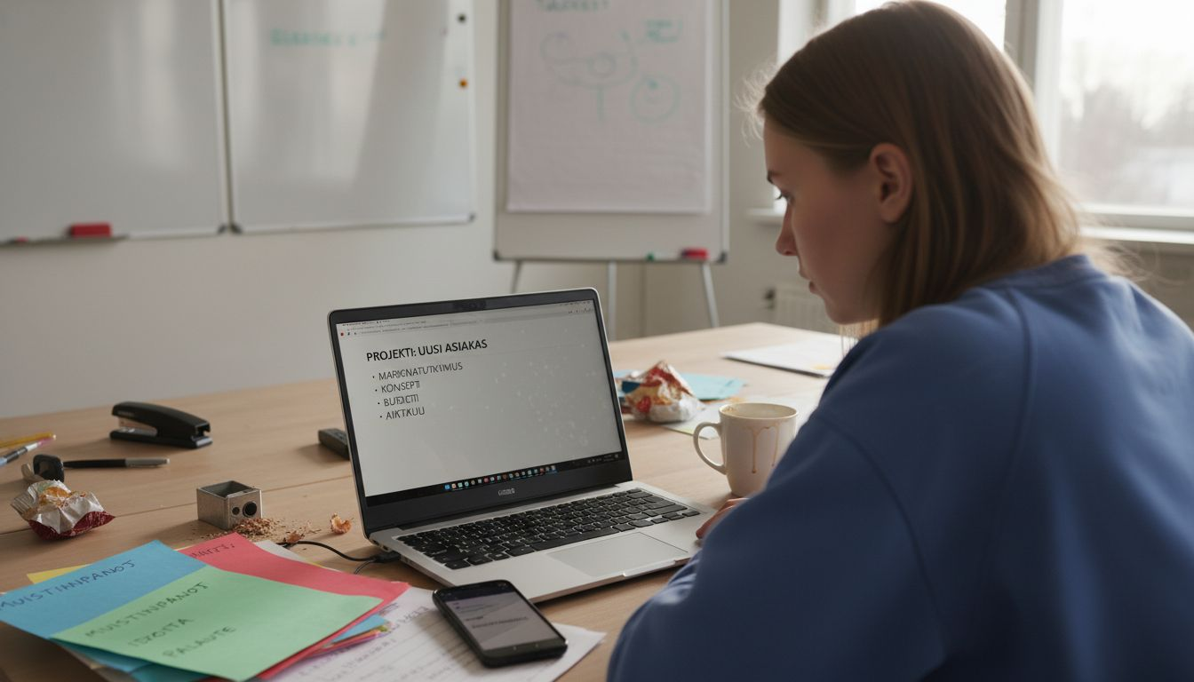 Urheiluasiantuntija siivoaa ja järjestelee datatietoja työpöytänsä ääressä toimistolla.