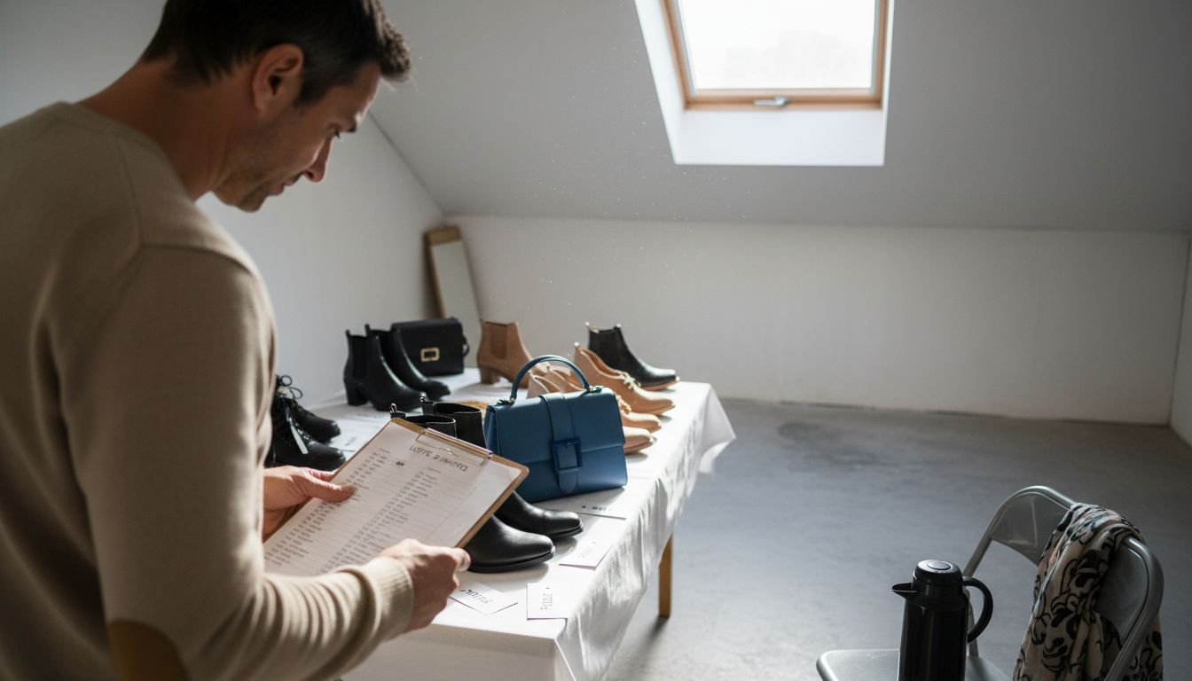 Organisateur en pleine préparation d’une vente privée exclusive dans un showroom