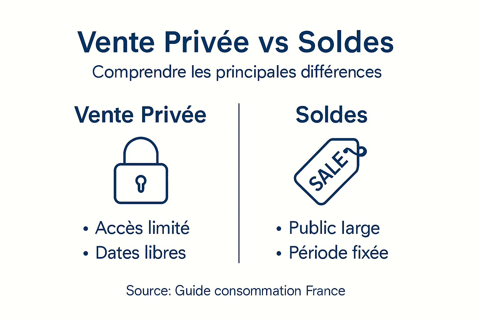 Visuel explicatif sur la différence entre ventes privées et périodes de soldes