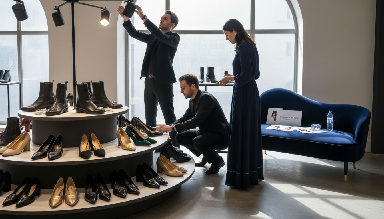 L’équipe s’affaire à mettre en valeur la nouvelle collection de chaussures de luxe pour accueillir les clients.