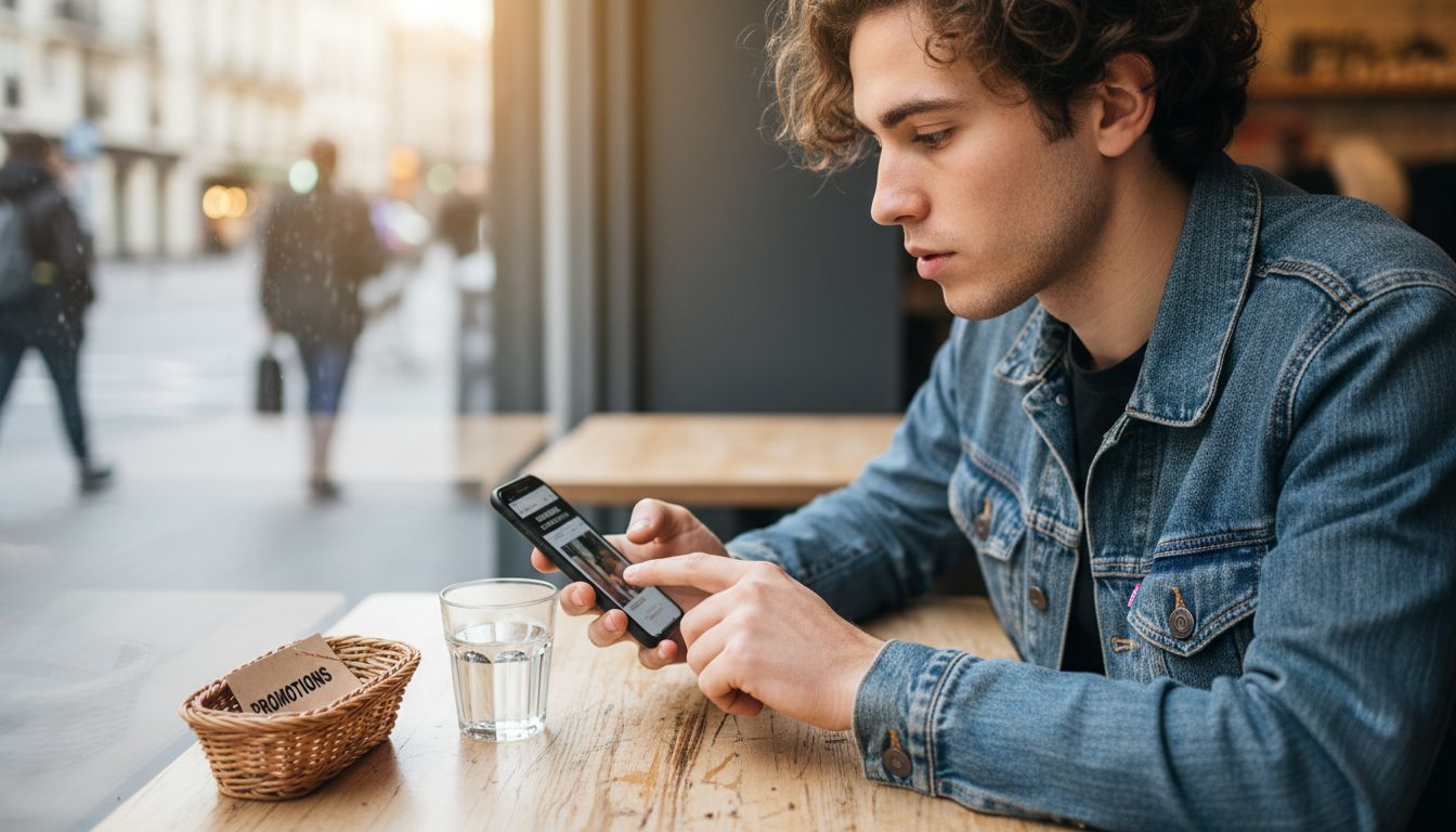 Une cliente feuillette les dernières tendances mode et fait ses achats sur son smartphone, installée tranquillement à la terrasse d’un café.