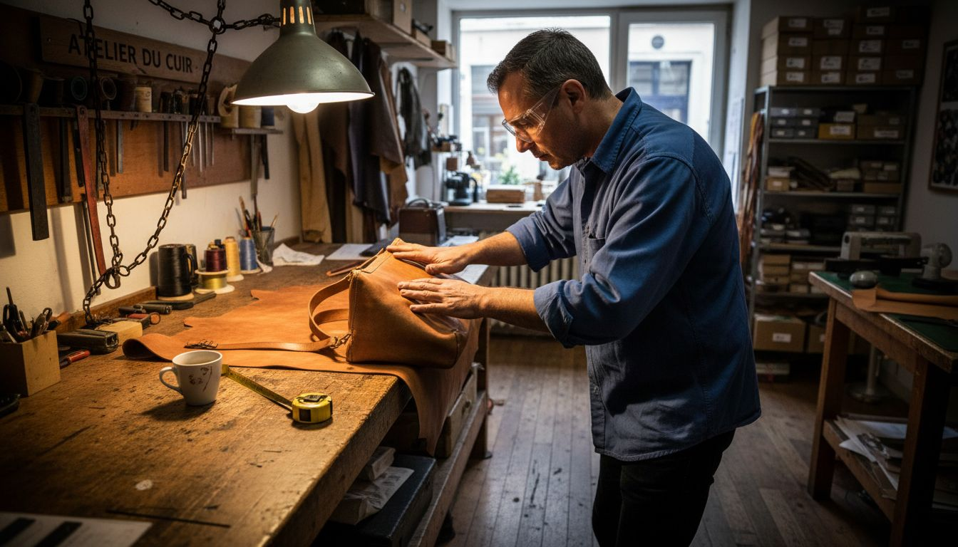 Un artisan inspecte minutieusement un sac en cuir conçu dans le respect de l’environnement.