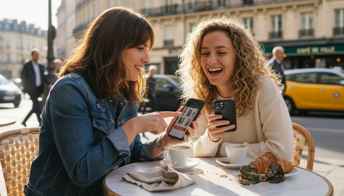 Deux amies installées à la terrasse d’un café parisien, en train de faire du shopping sur leurs smartphones.