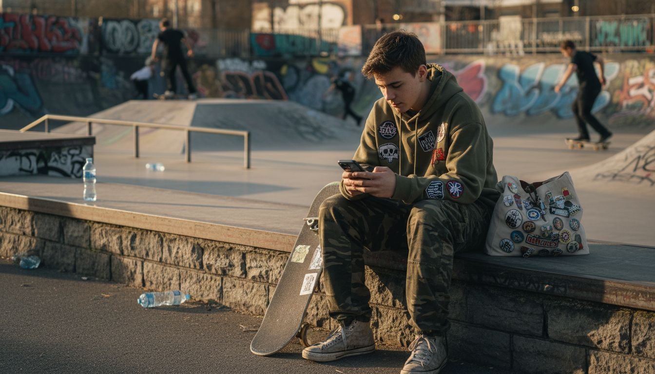 Urban youth in streetwear near skate park