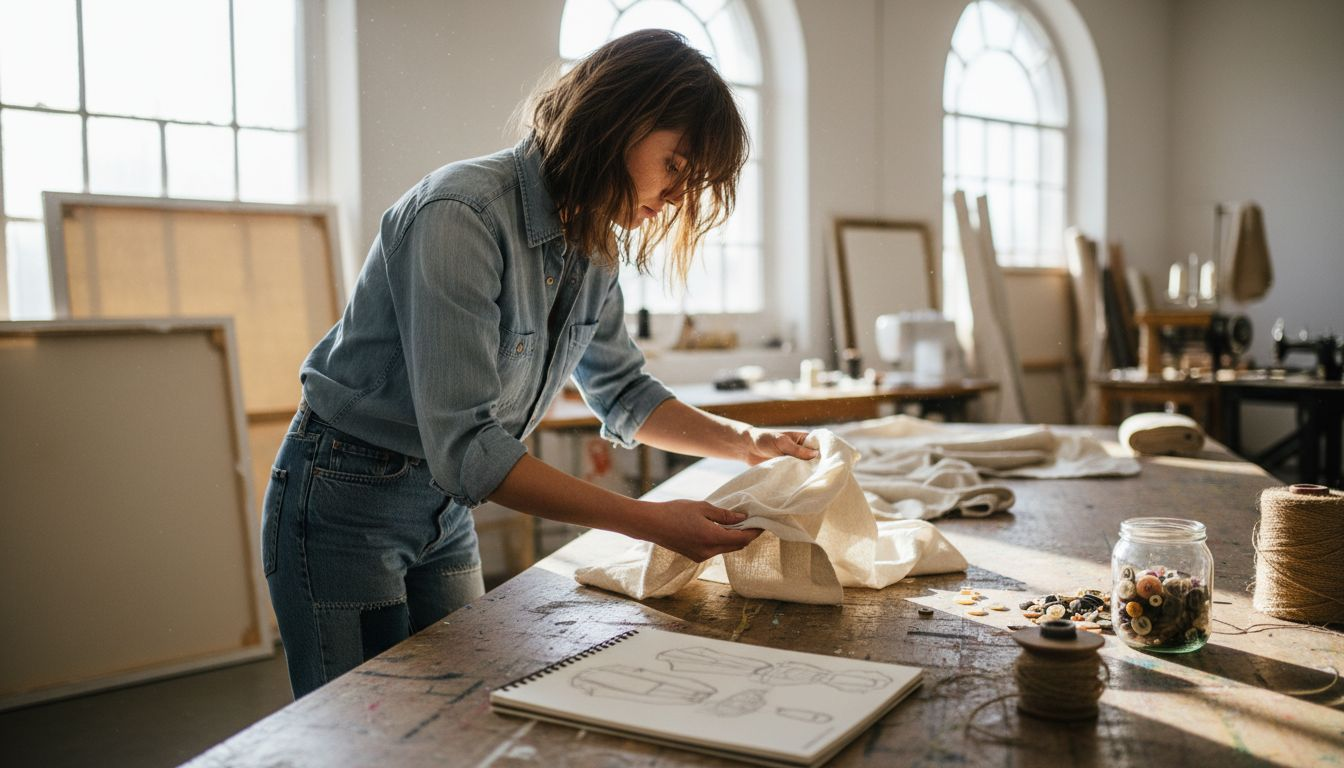 Designer handling sustainable fabric swatches