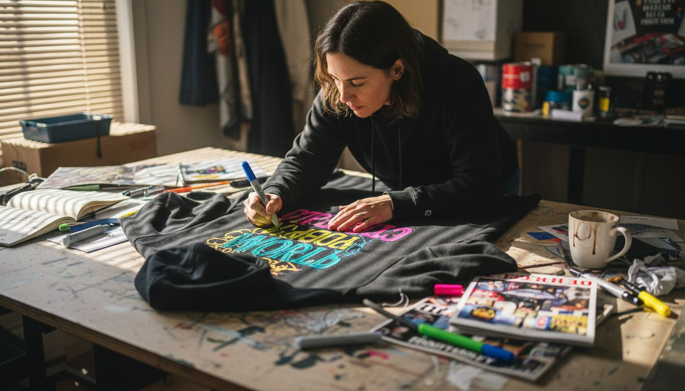 Designer drawing graphic art on hoodie