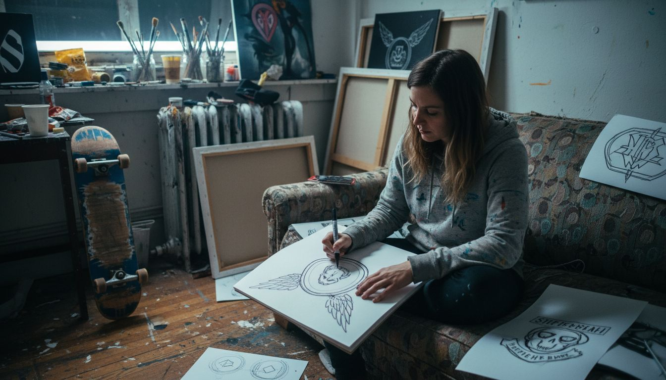 Designer sketching streetwear symbols on sofa