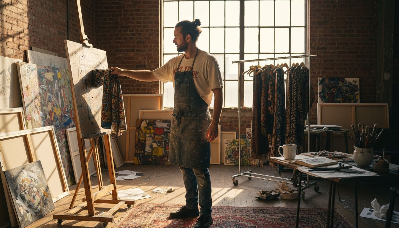 Artist choosing scarf in paint-filled studio