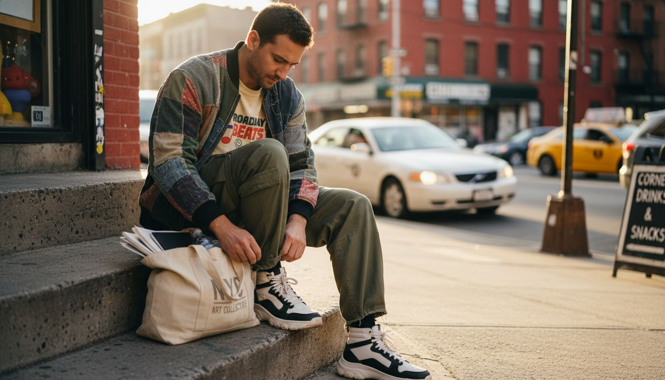 Man lacing sneakers, layered streetwear outfit