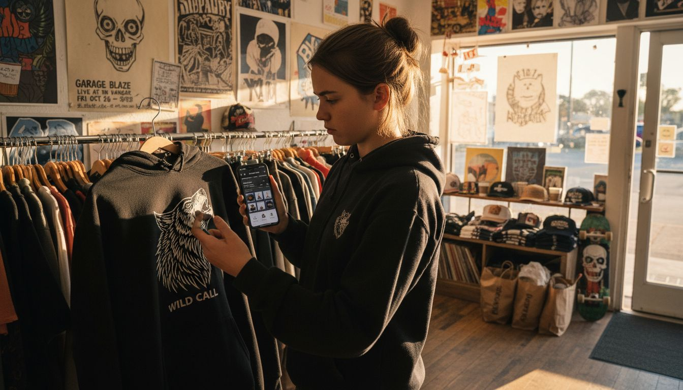 Teen girl choosing graphic streetwear hoodie