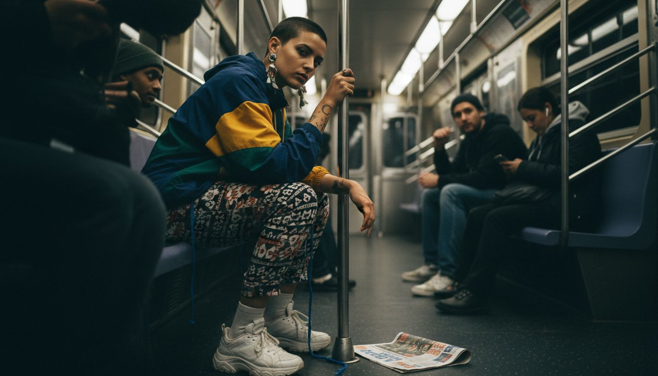 Woman with bold style on subway car