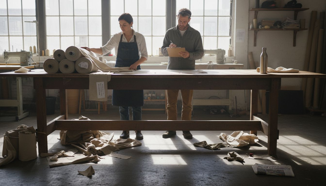 Garment workers with sustainable fabric rolls