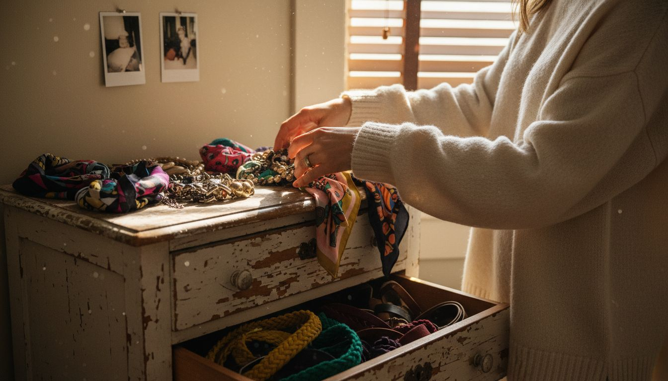 Person curating statement accessories on dresser
