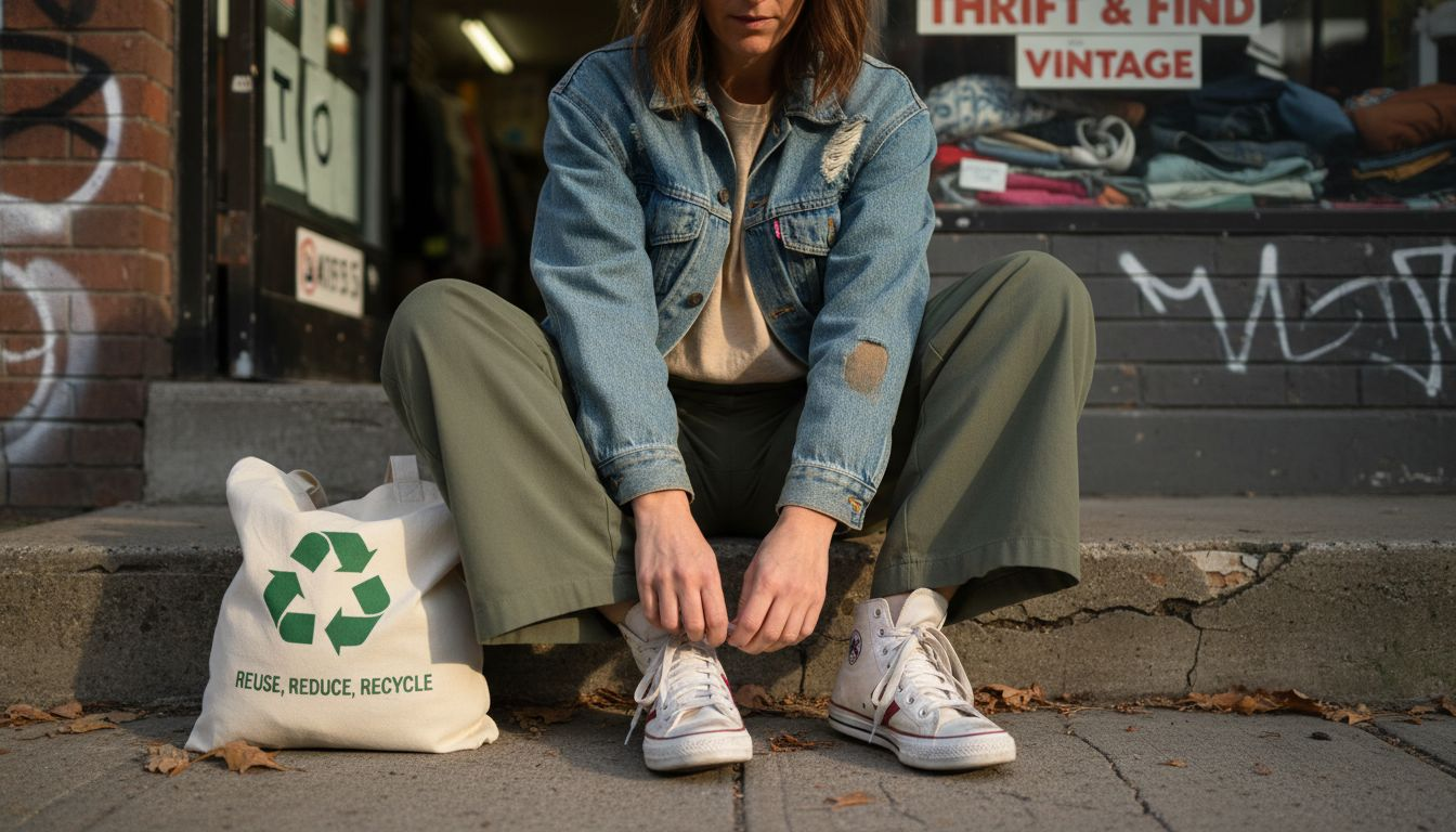 Woman styling vintage and sustainable outfit