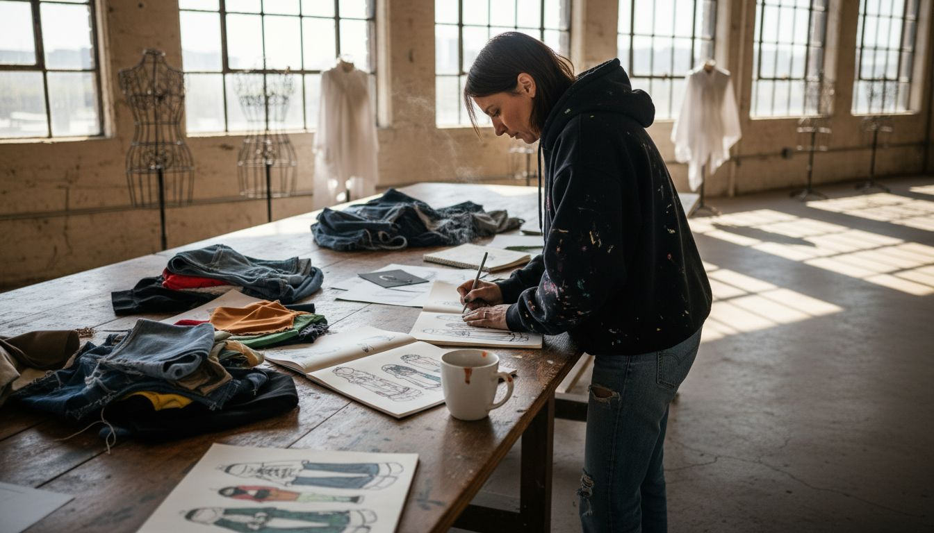 Designer sketching streetwear in studio loft