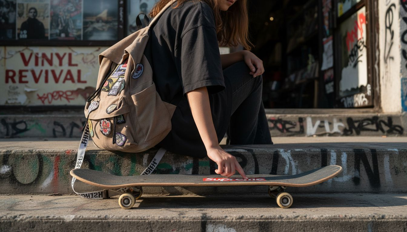 Close-up streetwear logos and skateboard decals