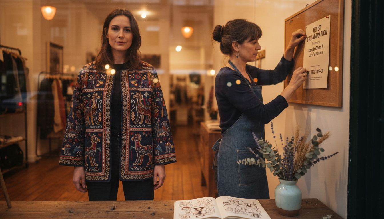 Model in boutique window with narrative embroidery