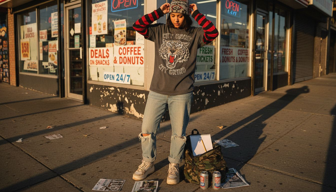 Woman layering streetwear outside convenience store