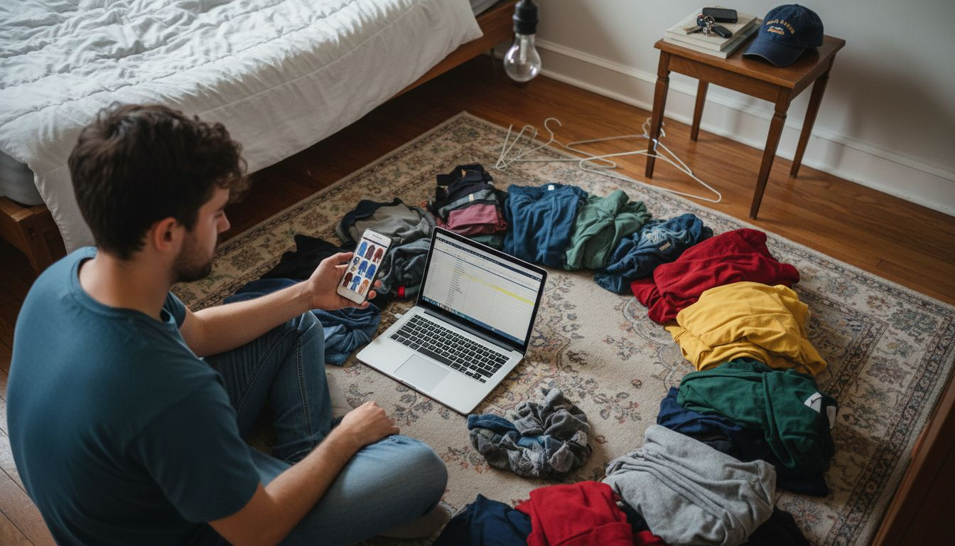 Man taking wardrobe inventory for streetwear