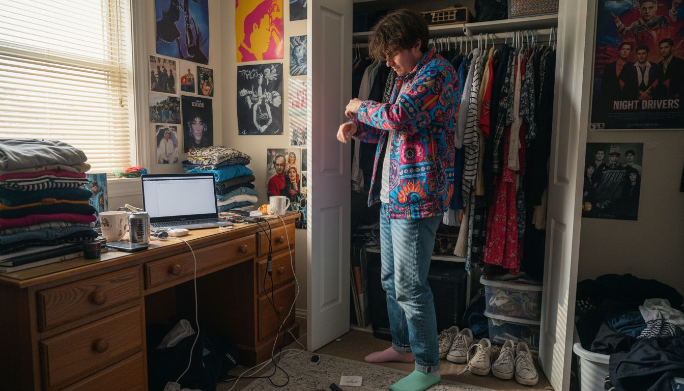 Young person pulling bold jacket from closet