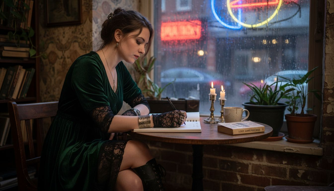 Goth woman sketching at vintage cafe table