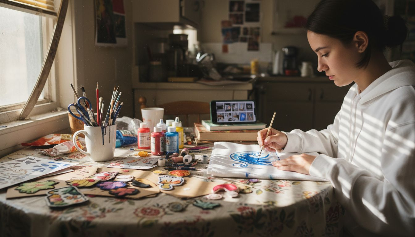 Woman painting hoodie at cluttered table