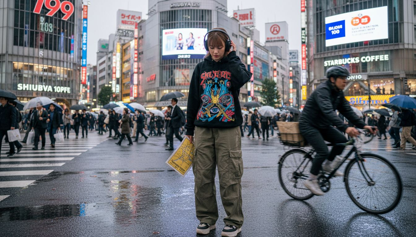 Woman in graphic streetwear at busy crosswalk