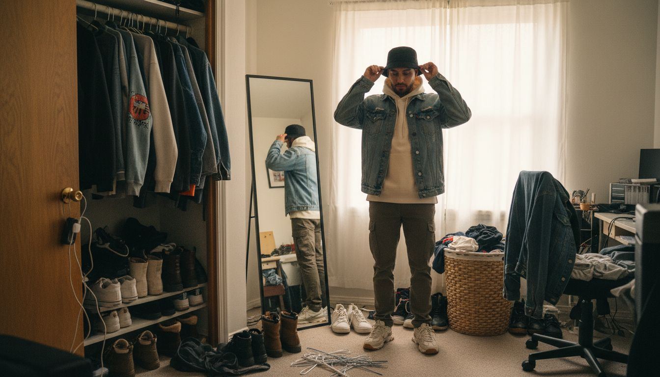 Man experimenting with streetwear outfits