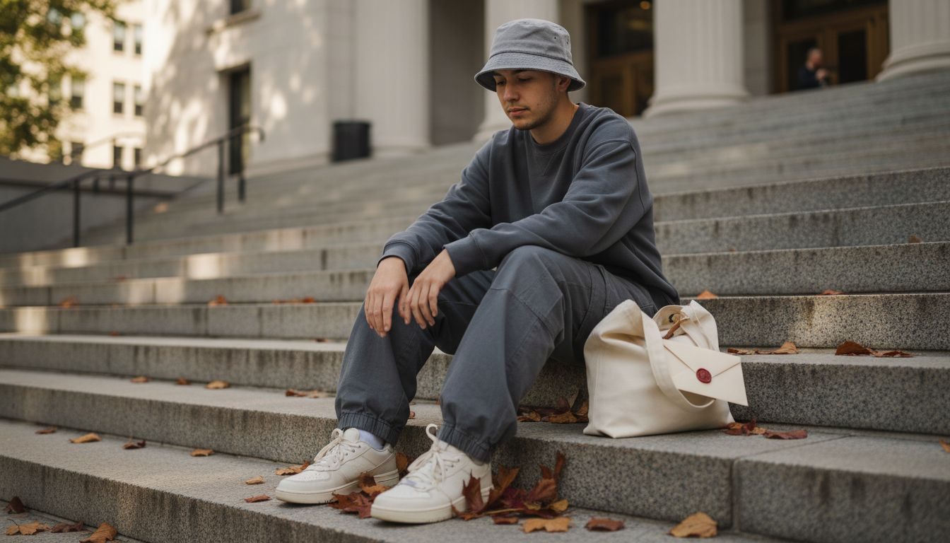 Monochrome layered streetwear on city steps