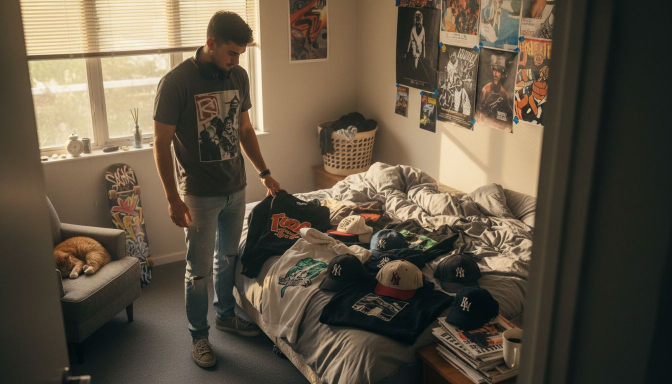 Young man examines graphic streetwear in bedroom