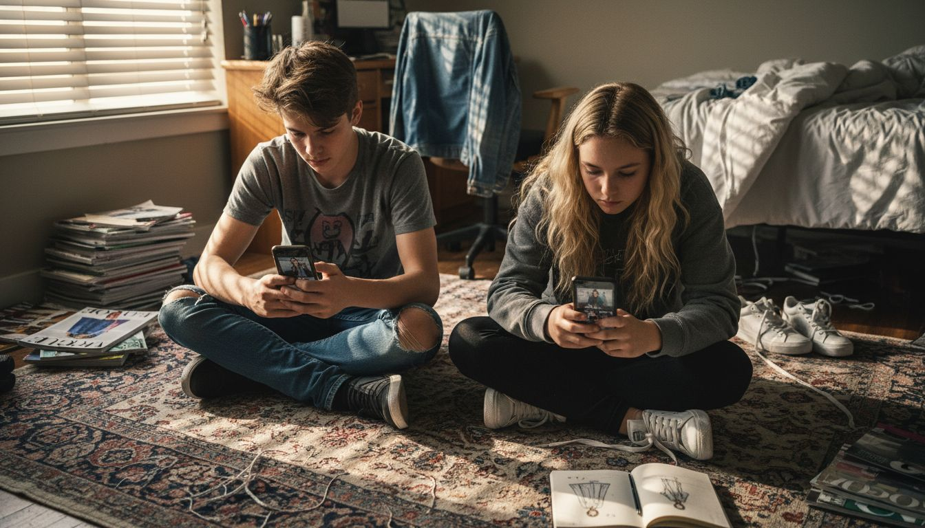 Teens browse fashion videos in messy room