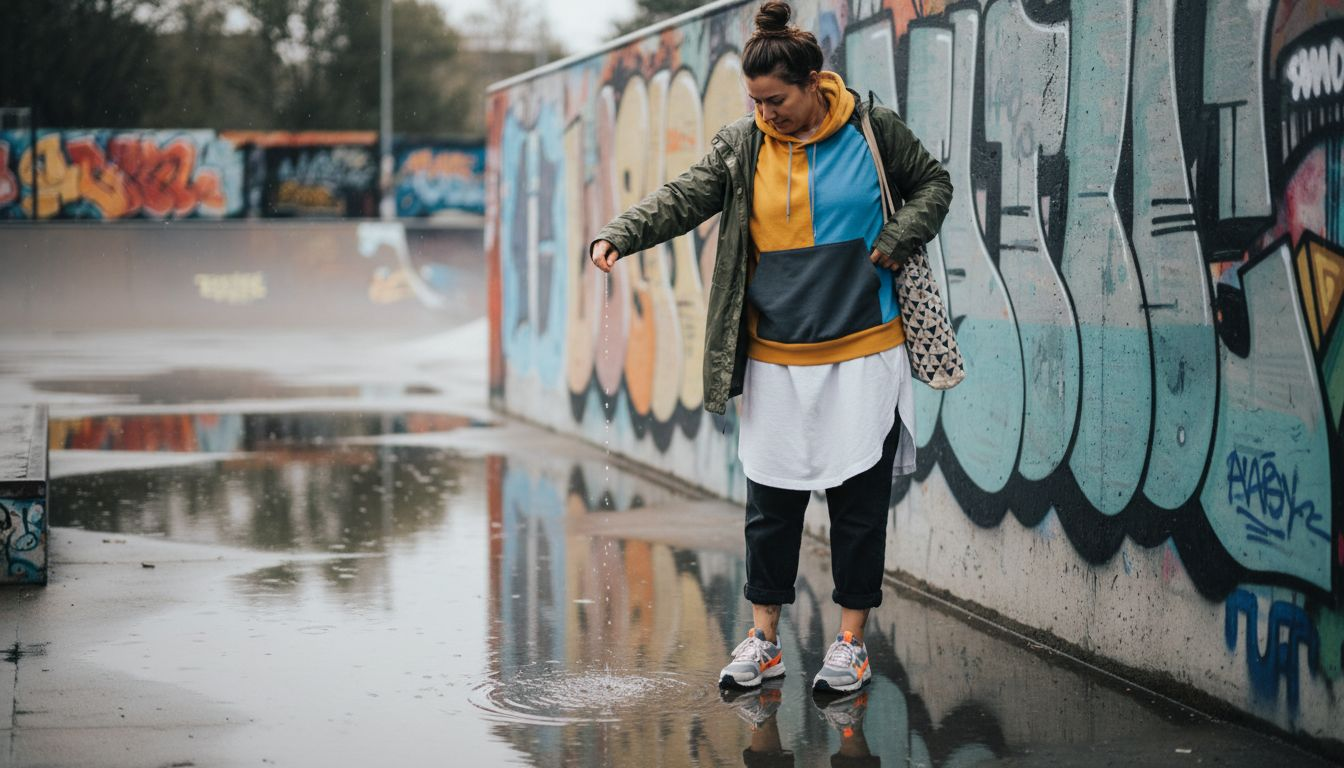 Woman layering streetwear for changing weather