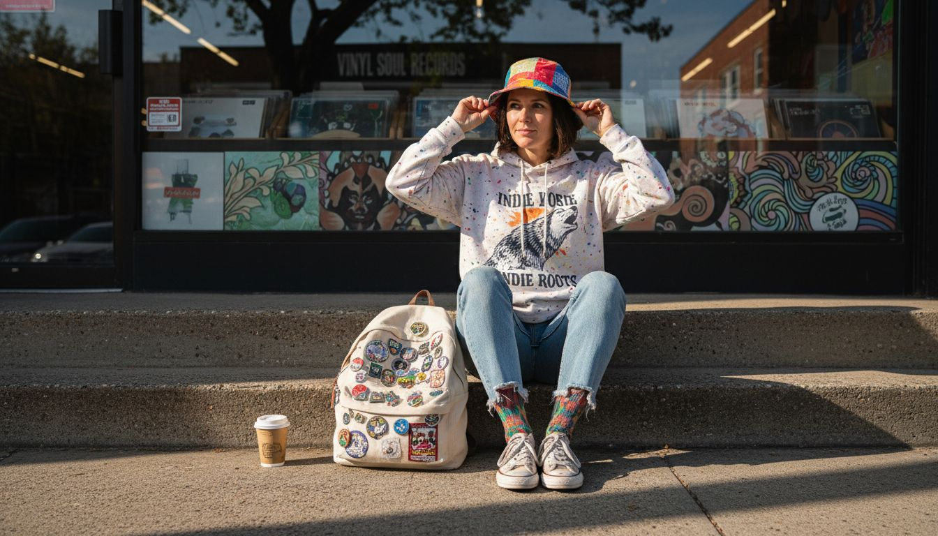 Woman in expressive artistic streetwear outfit