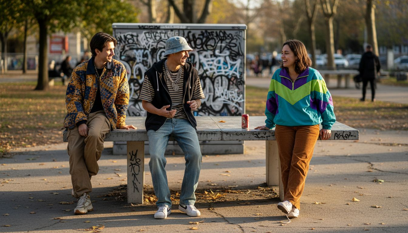 Friends socializing in bold streetwear outfits