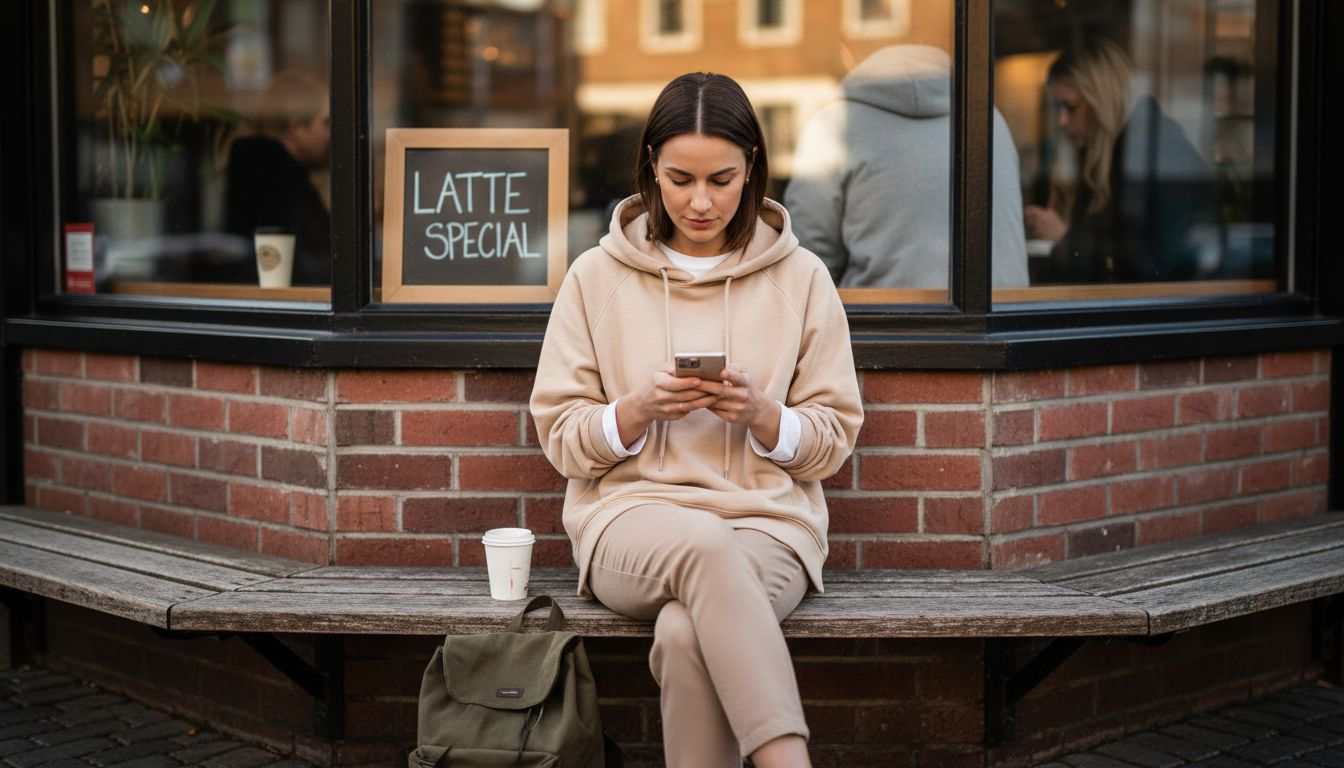 Woman in boxy hoodie outside cafe