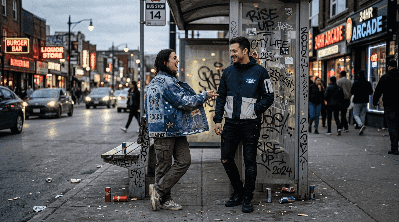 Friends showcasing retro and techwear jackets